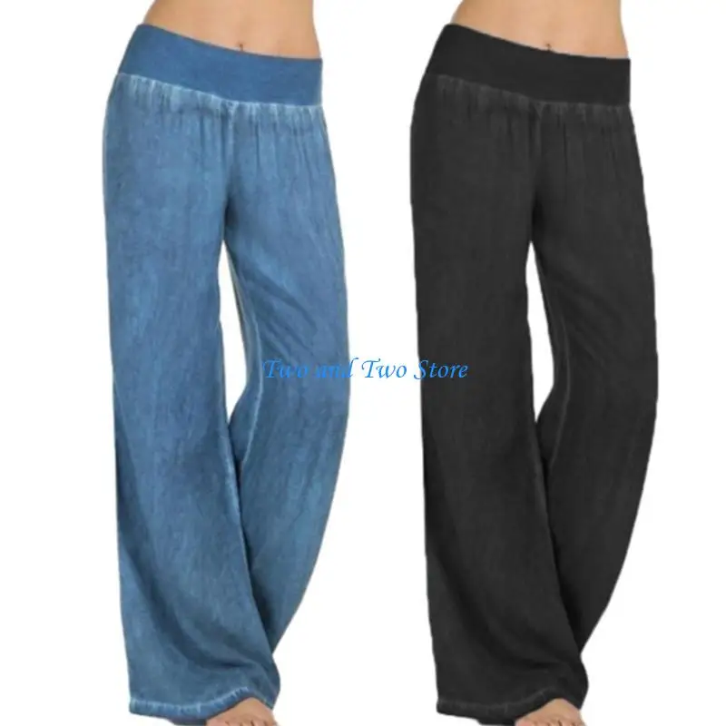 HX6F Womens Summer Casual Lightweight Denims Cargo Trousers Elastic Middle Waist Color Wide Leg Baggy Loose Lounge Pant