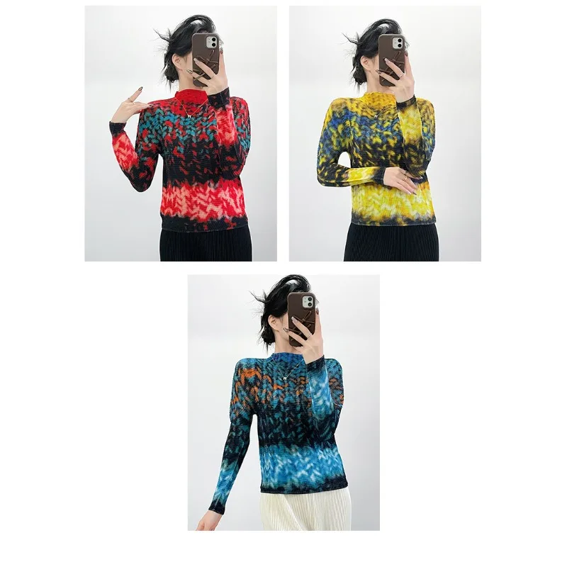 

Miyake Pleated 2026 Fall and Winter Pleated Clothes Printed Corn Kernels Long-sleeved New Casual Temperament Tops for Women