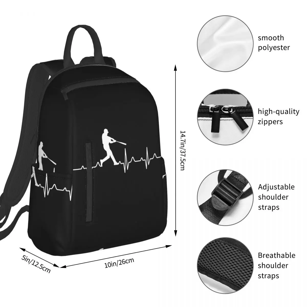 Baseball Player Heartbeat Backpack Student BookBag Boys Girls School Bag Computer Shoulder Bags Men Women