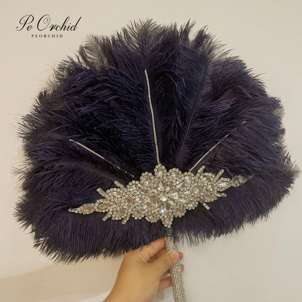 

PEORCHID Navy Blue Alternative Feather Crystal Bridal Bouquets Great Gatsby Wedding Hand Fan Roaring 20's Rhinestone Fan Bouquet