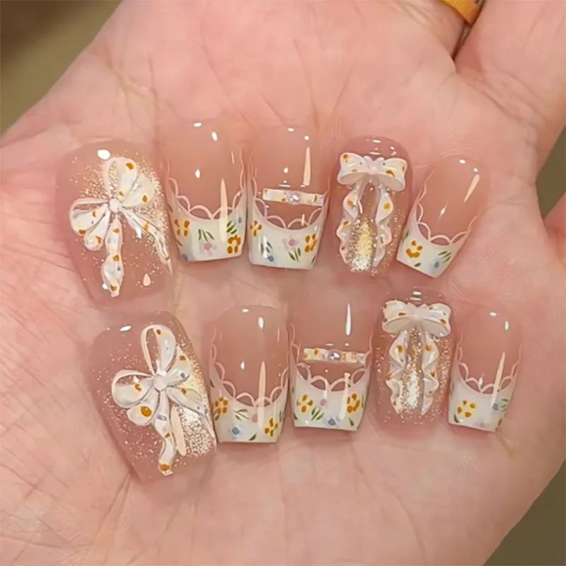 Süße, damenhafte 3D-Schleife, Nagelkunst, künstliche Nägel, kurzes Ballett, tragbare Nagelstücke, Katzenauge, Spitze, kleine Blume, tragbare Nagelstücke