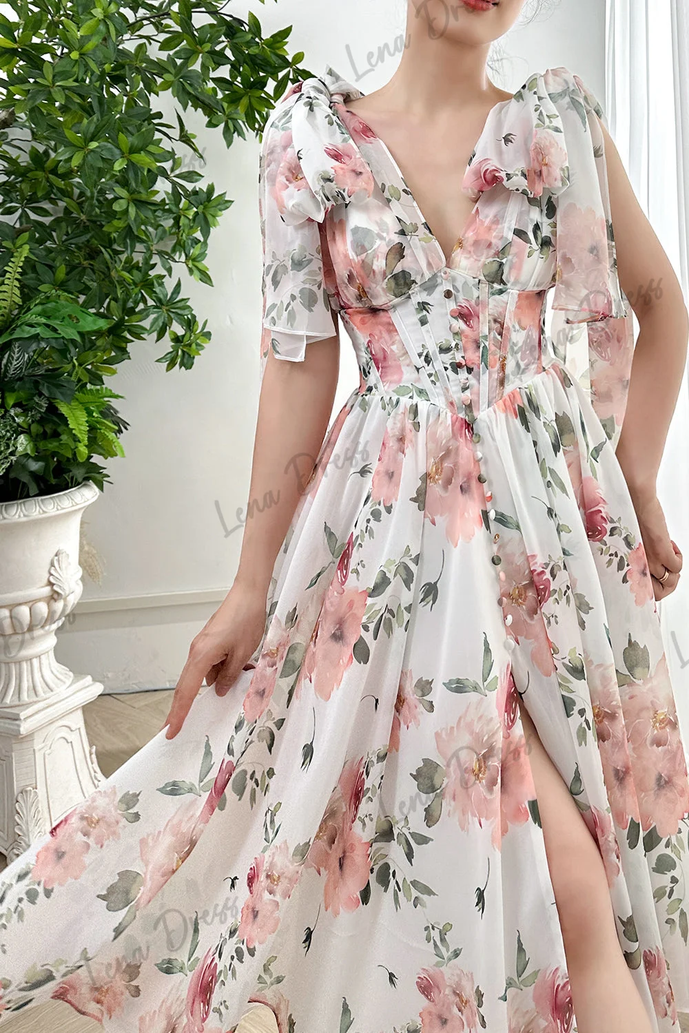 Vestido de noche de encaje Floral para mujer, traje elegante con cuello en V, personalizado, sin mangas, para fiesta