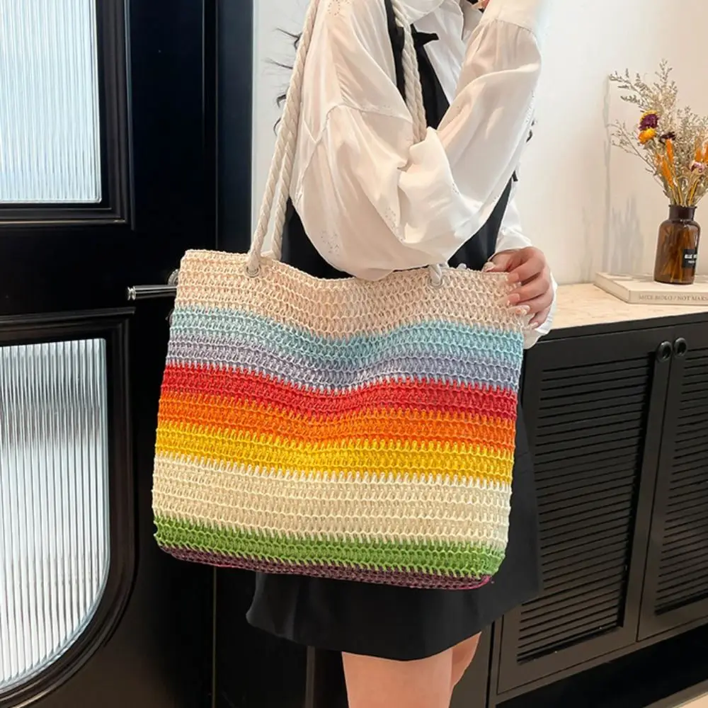 

Trendy Beach Handbag Strip Weave Bag Bohemian Style Large Capacity Rainbow Beach Bag Lazy Style Hollow Tote Bag Holiday