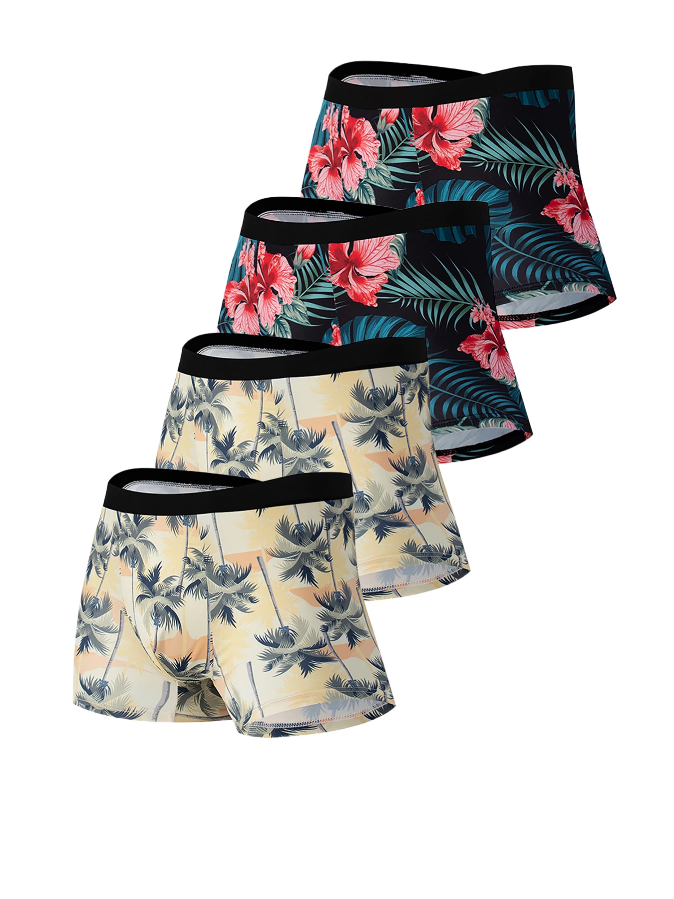 Men's 4-Pack Polyester Boxer Briefs - Tropical Hibiscus & Palm Tree Prints, Black Waistband Underwear Set