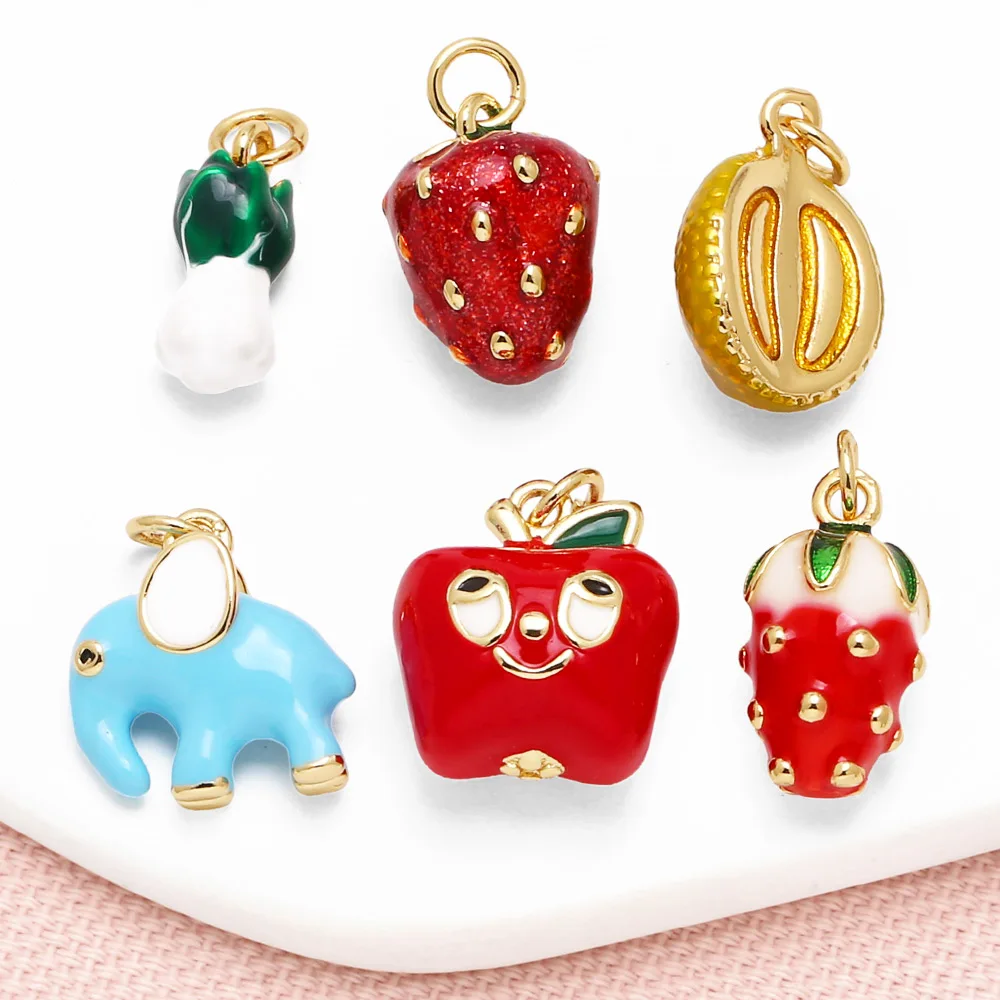 OCESRIO Small Red Enamel Strawberry Charms for Bracelet Copper Gold Plated Apple Vegetable Jewelry Making Accessories chma328