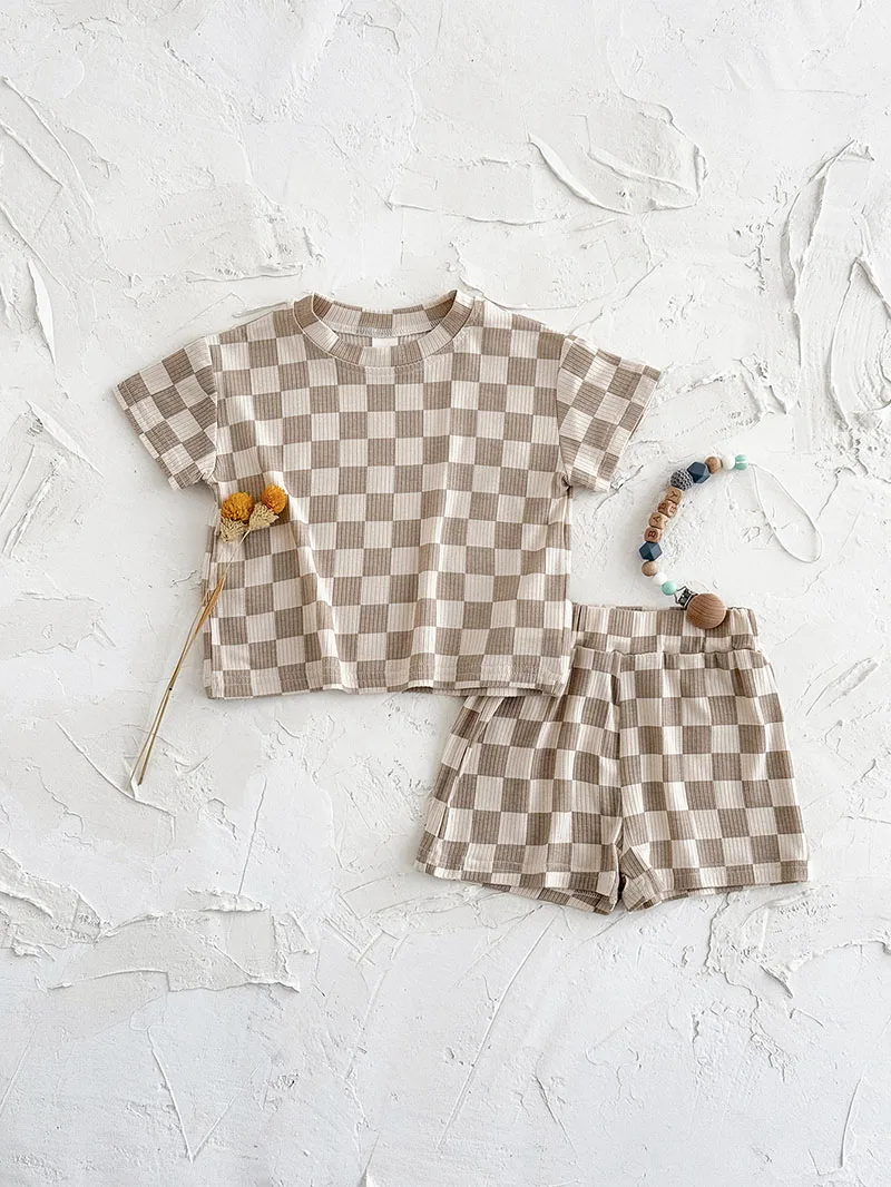 

MILANCEL New Summer Baby Clothes Set 6M-3T Cute Chessboard Pattern Girls T-shirt +Shorts Korean Version Toddler Casual Suit