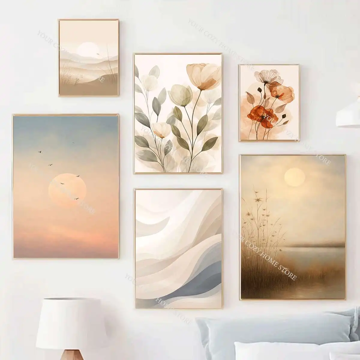 Bohemian style watercolor botanical art poster, neutral-toned floral canvas painting, home decor,bedroom/living room decoration