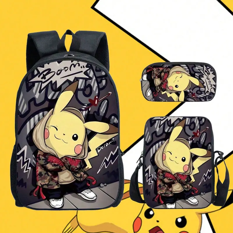 

3Dprinted Pokemon Pokemon Pokemon Pokekachu 3-piece backpack pencil case crossbody bag polyester comfortable load-reducing