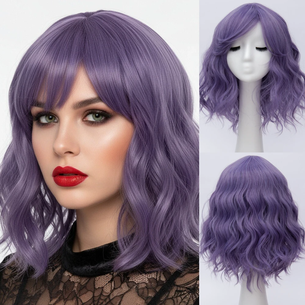 

MSIWIGS Women’s Short Wavy Wig Purple Heat Resistant Synthetic with Middle Part Line for Cosplay Halloween & Casual Vibes