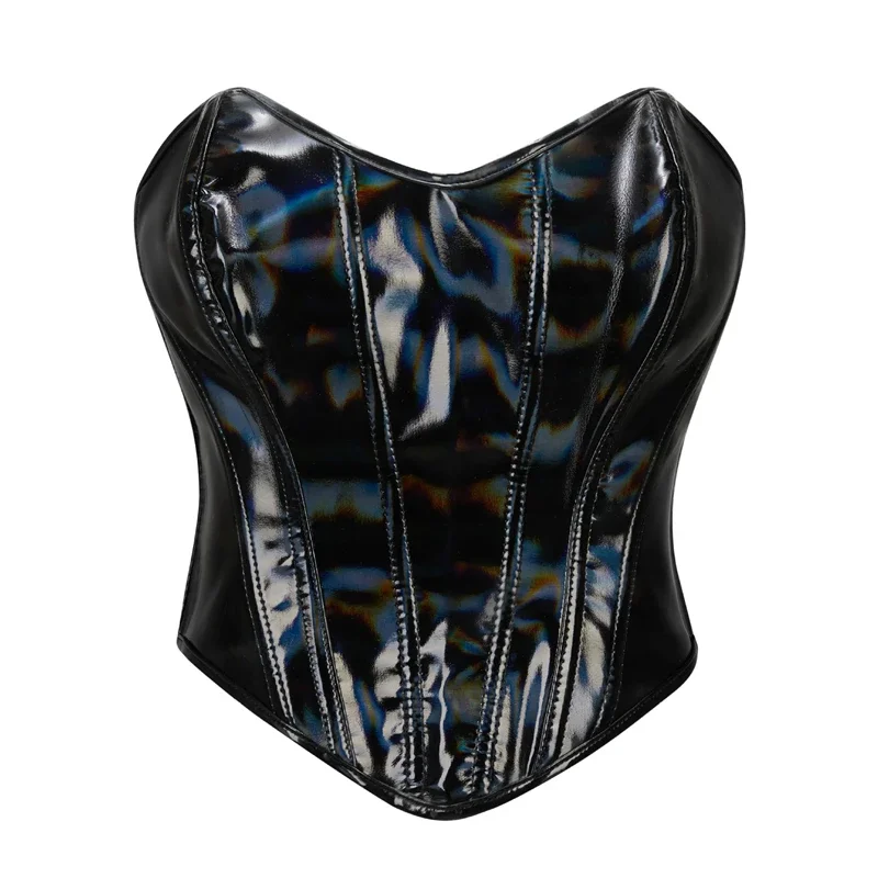 Noir PVC vinyle Corset culture hauts femmes Sexy surbuste Bustiers haut en cuir brillant Lingerie Steampunk Corselet à lacets Korsett