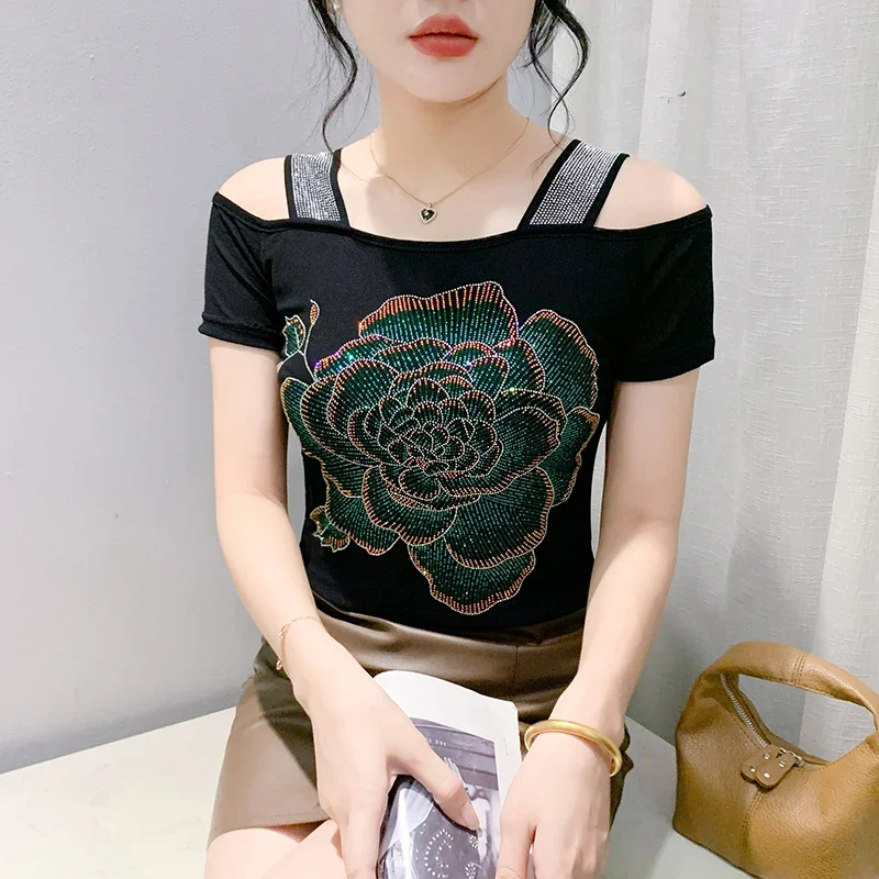 

Streetwear Girl Summer T-Shirt Chic Hot Diamonds Tops Classic Women's Sexy Off Shoulder Slim Tees Shirt