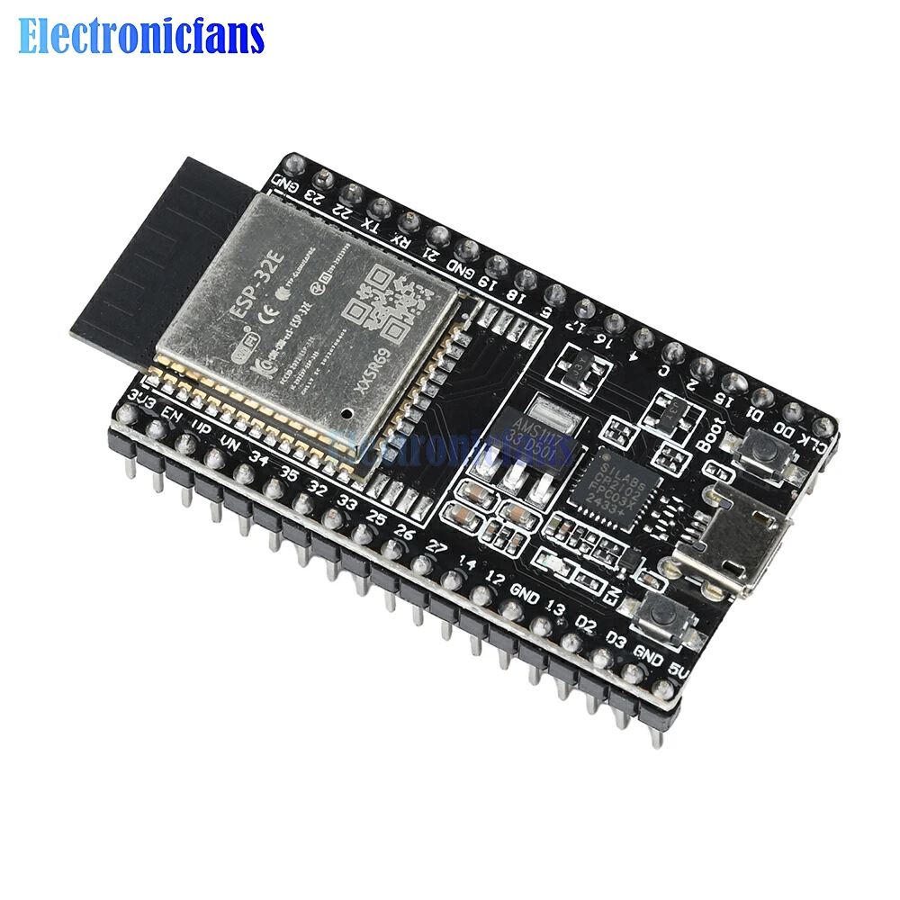 Модуль макетной платы ESP32-DevKitC-32E оснащен модулем Esp-32E, 4 МБ, чип драйвера CP2102, интерфейс Micro USB, 38 контактов
