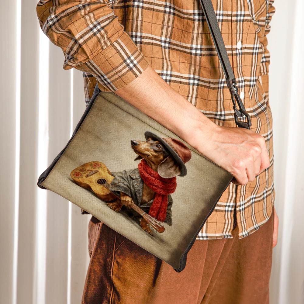 Dachshund Dog With Guitar And Hat Crossbody Bag Beige Dachshund Playing Guitar Wearing Hat And Scarf Shoulder Bags For Women Men