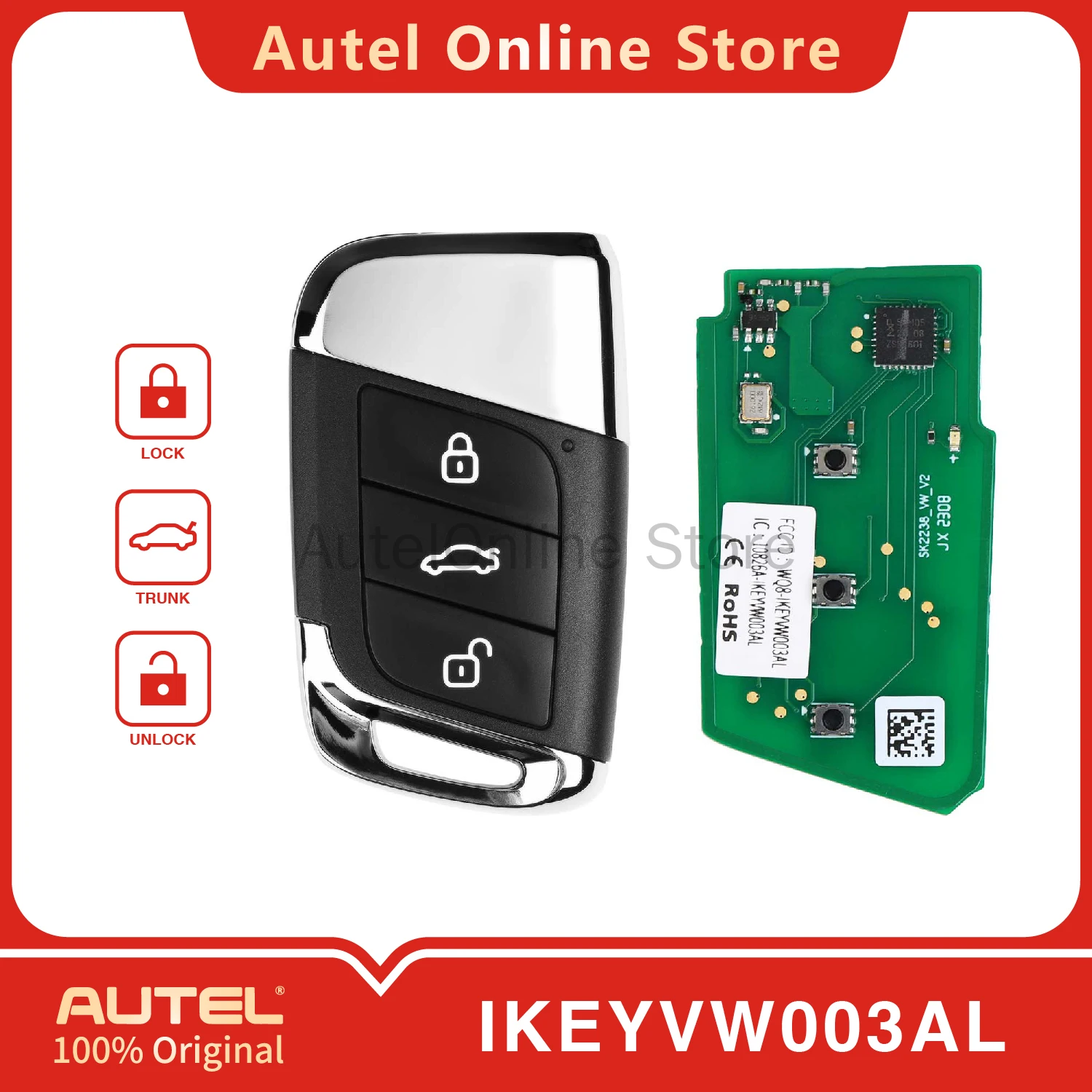 

AUTEL IKEYVW003AL 3-кнопочный универсальный смарт-ключ дистанционного управления для KM100/IM508/IM608 для Volkswagen