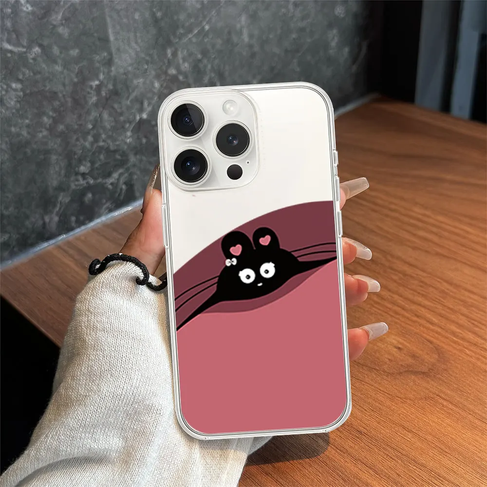 Cute Cartoon Cat Black Eggette Couple Phone Case for iPhone 11 12 13 14 15 16 Max Pro Plus Transparent Soft Shell