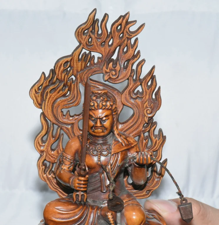 6.7''Old Chinese Boxwood Carving Acalanatha Acala Achala Buddha Statue Sculpture