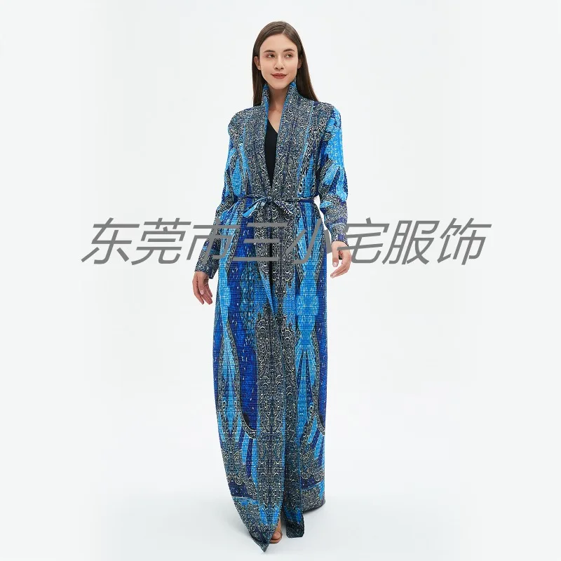 KAF Pleated Vintage Printed Women Plus Size Trench 2024 Fall New Lapel Long Sleeve Cardigan Design Arabian Female Luxury Robe