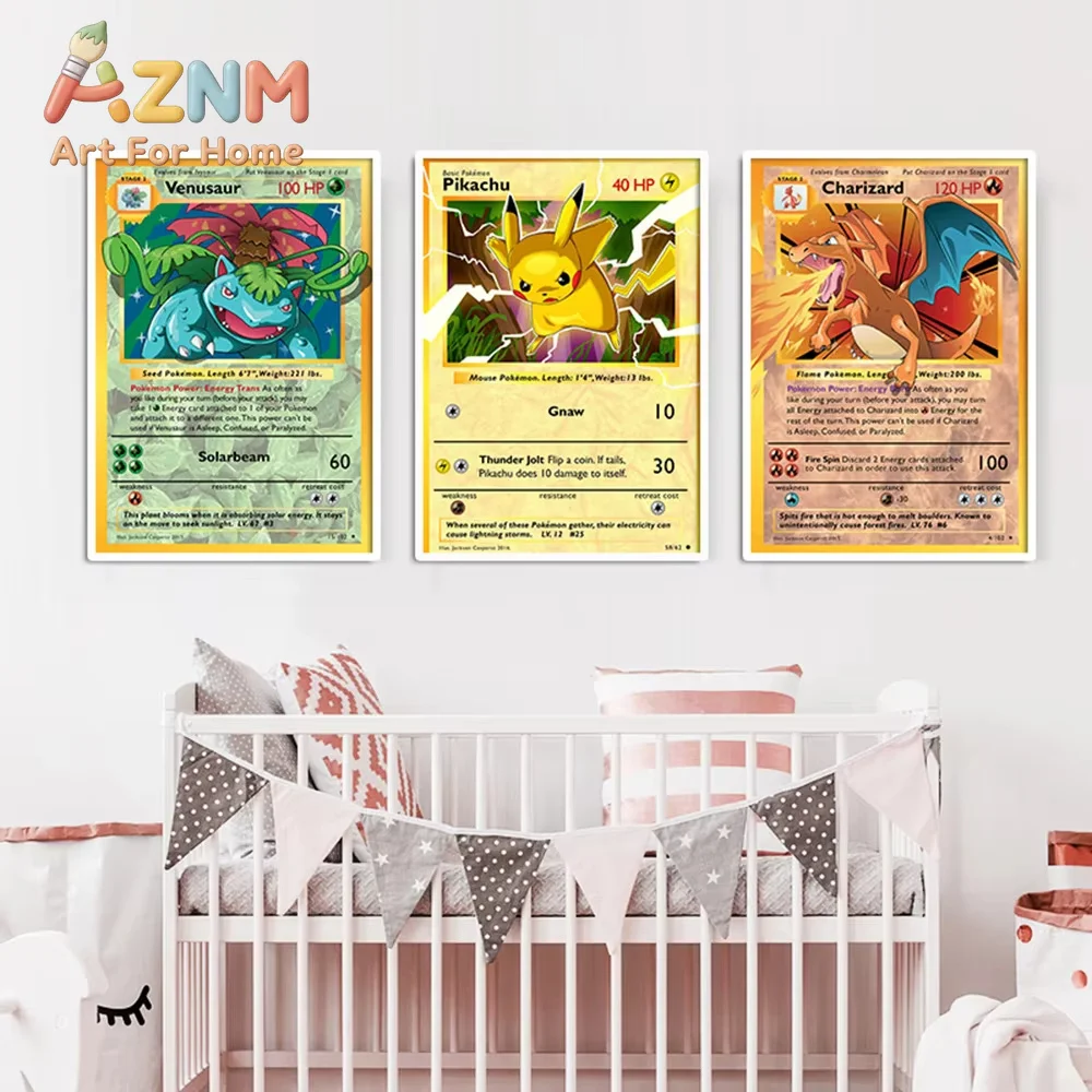 AZNM Japanese Anime Peripheral Pokemon Poster Decor Pikachu Charizard Wall Art Watercolor Canvas Painting Modern Room Decor