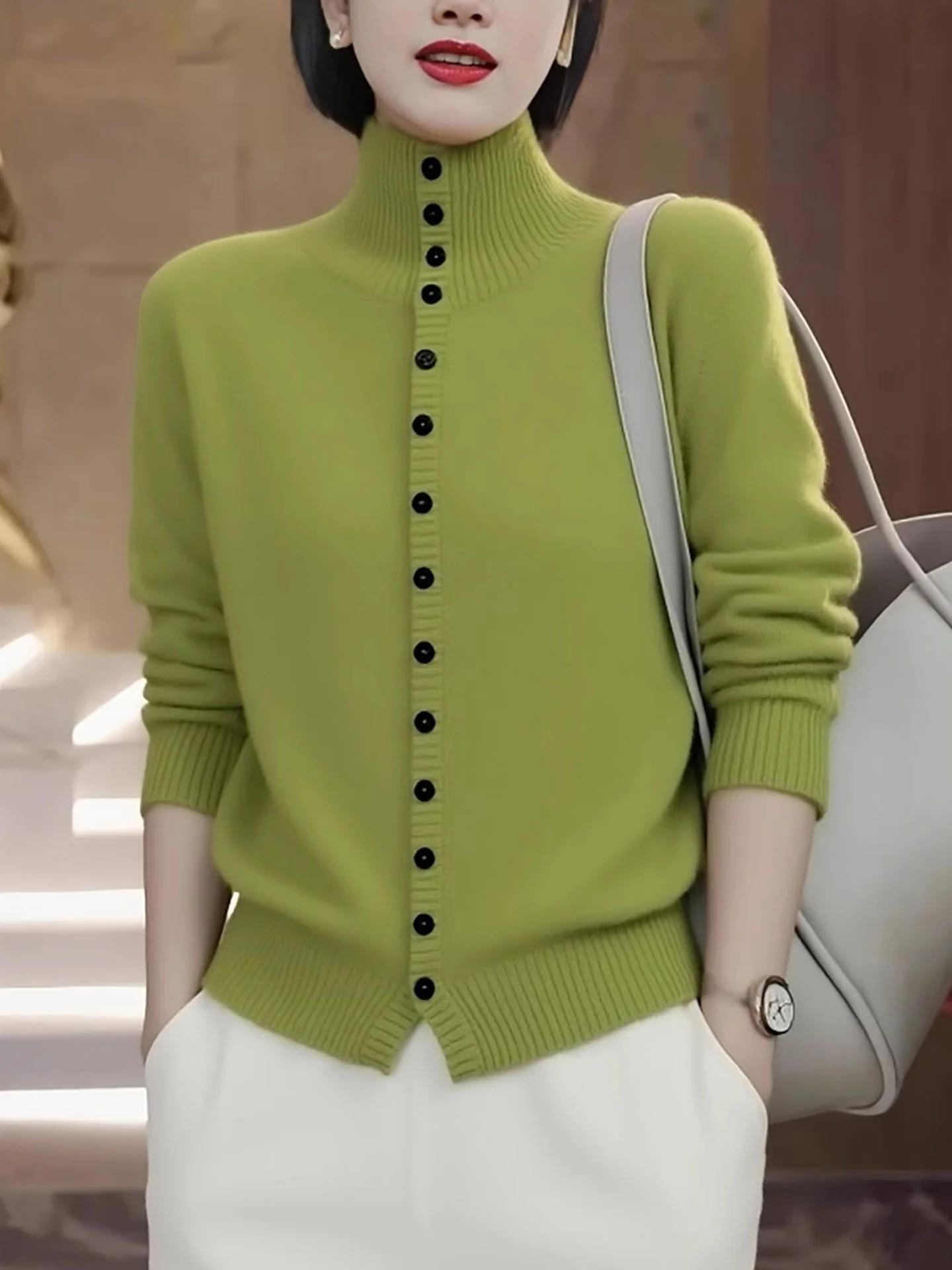 

Женский зимний вязаный кардиган с высоким воротником и длинными рукавами, однотонный, в европейском стиле, премиум-качество