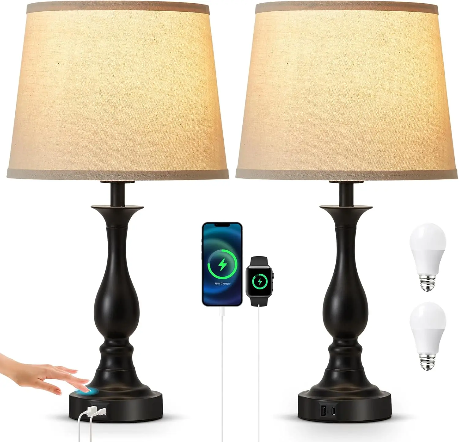 

Прикроватная лампа с сенсорным управлением и USB-портами для зарядки кондиционера, регулируемое освещение для тумбочки и гостиной, набор из 2 шт.