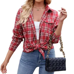 Plaid Loose Button Up Shirt for Women 2024 Trend Harajuku Preppy y2k Autumn Blouse Winter Warm Long Sleeves Checkered T-shirt