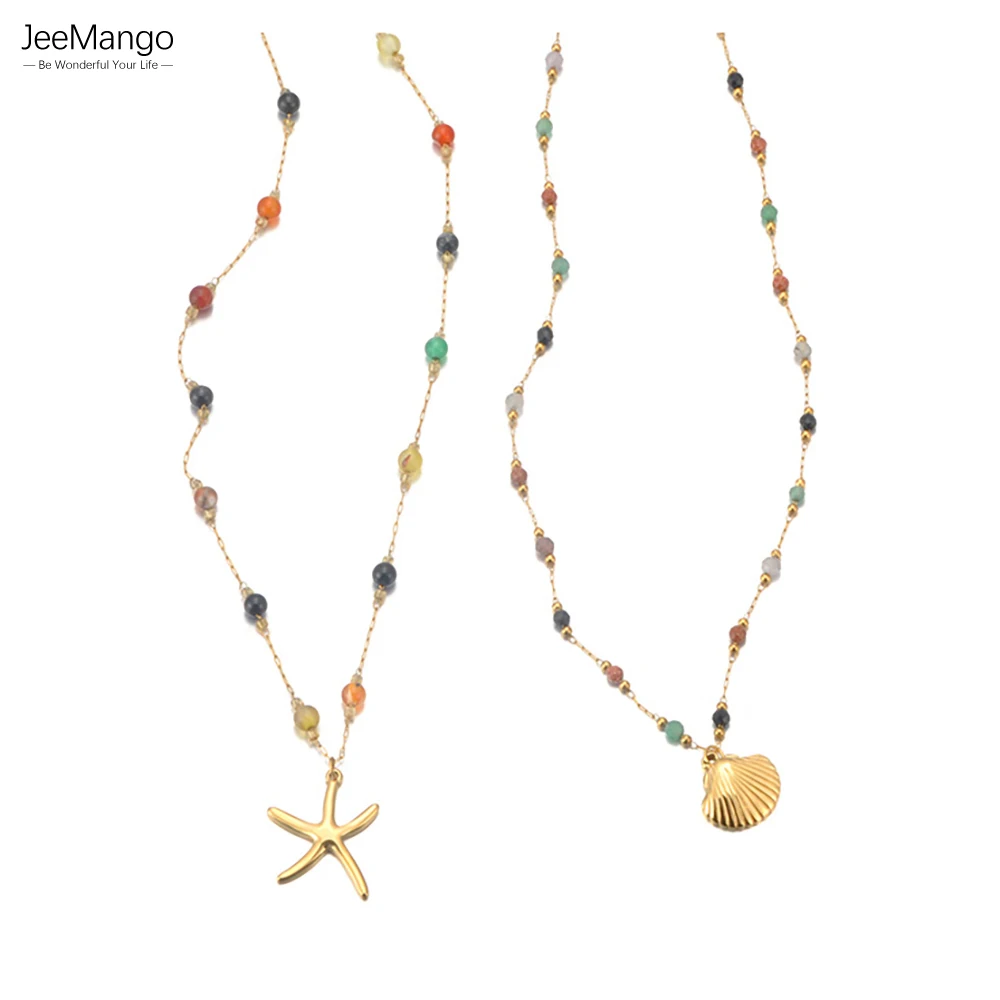 JeeMango Bohemian Bunte Stein Seestern Shell Anhänger Halskette für Frauen Edelstahl Sommer Strand Schmuck Urlaub N25102