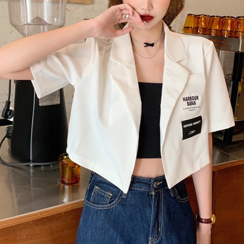 2024 Summer Women Trendy Appliques Design Sweet Kawaii Short Sleeve Thin Cropped Blazer Casual Street Y2K Solid Chic Suit Jacket