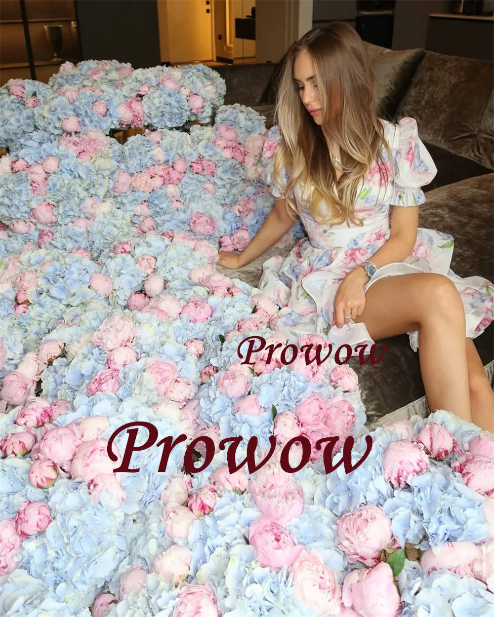 

Prowow Fairy Floral Print Short Prom Cocktail Dress Puff Sleeves A-Line Puffy Mini Wedding Birthday Party Gown Customized