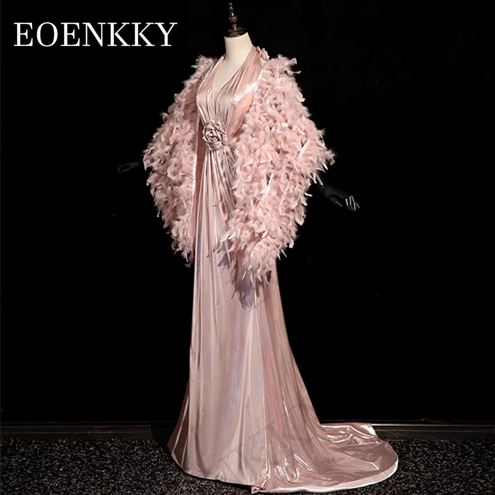 Pink Halter Mermaid Evening Dresses Woman Luxury vestido de noche 3D Flowers Wedding Guest Dress With Feather Shawl Backless