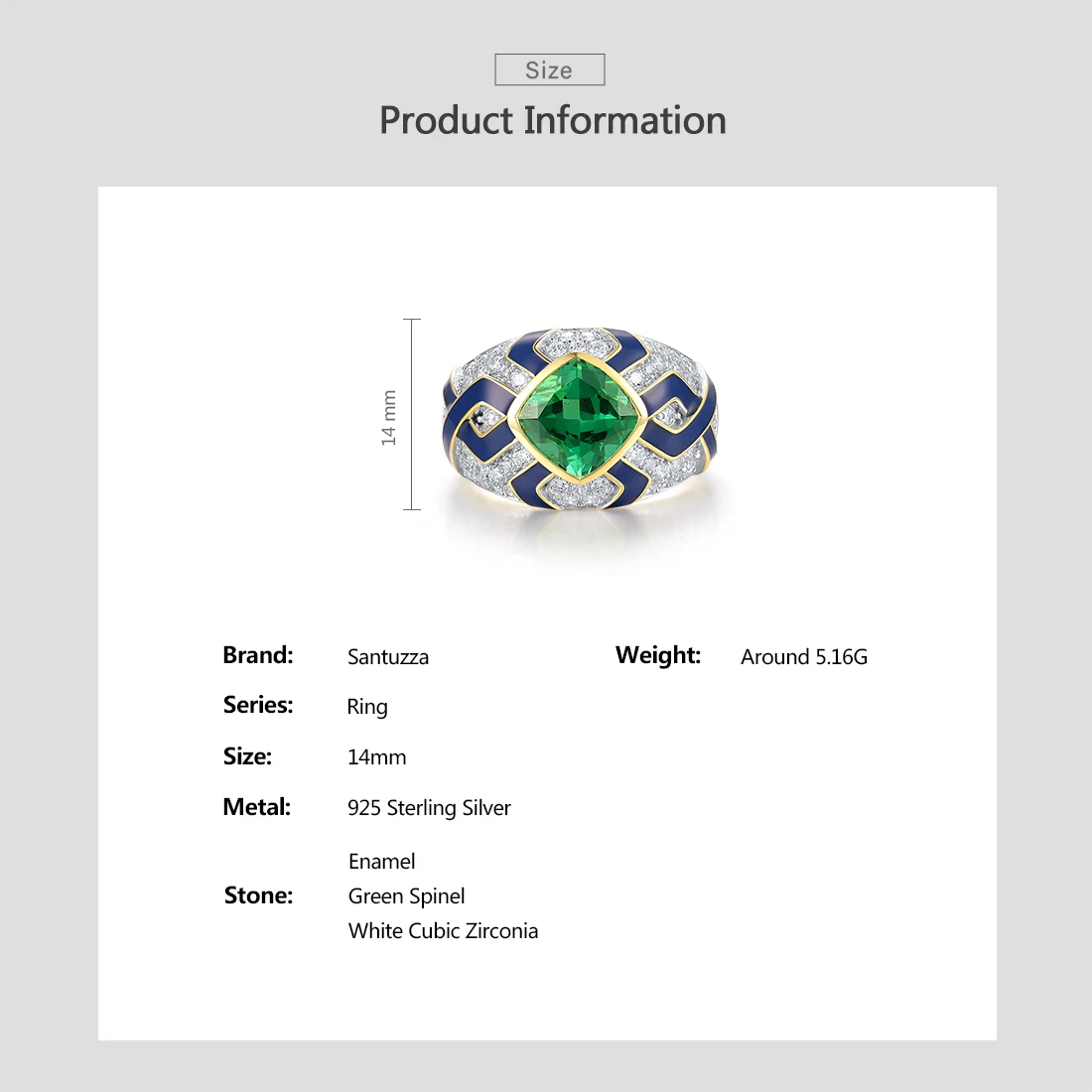 SANTUZZA Genuine 925 Sterling Silver Rings For Women Sparkling Green Spinel Modern Enamel Party Elegant Wedding Fine Jewelry