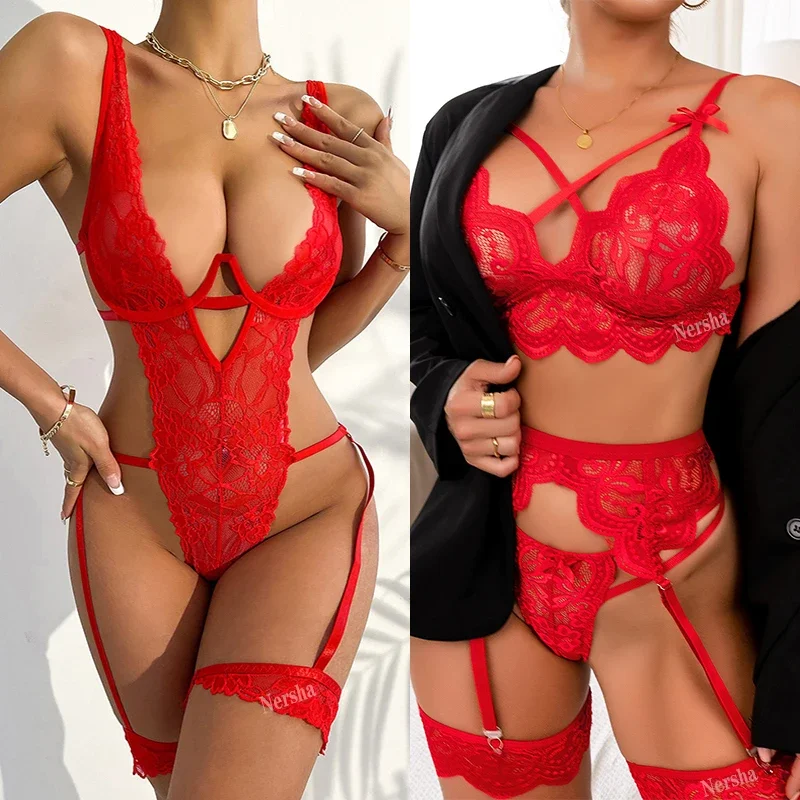 

Sexy Lingerie Women Sleepwear Lace Underwear 3pcs Bra Panty Garters Erotic Lingerie Sets Sexy Women's Bra Valentine's Day Gift