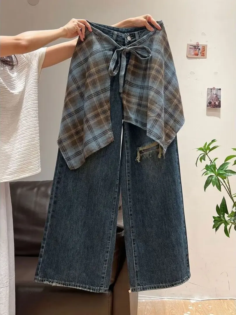 Retro American Wide Leg Denim Jeans Women's Autumn Layered Skirt Pants Straight Tube Floor-Length Pants Natural Waist Washed