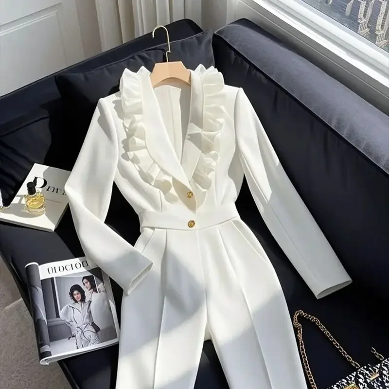 Nieuwe Mode Elegante Jumpsuit Vrouwen High End Lente Ruches Slanke Hoge Taille Lange Mouw Wijde Pijpen Broek Office Lady Formele Pak