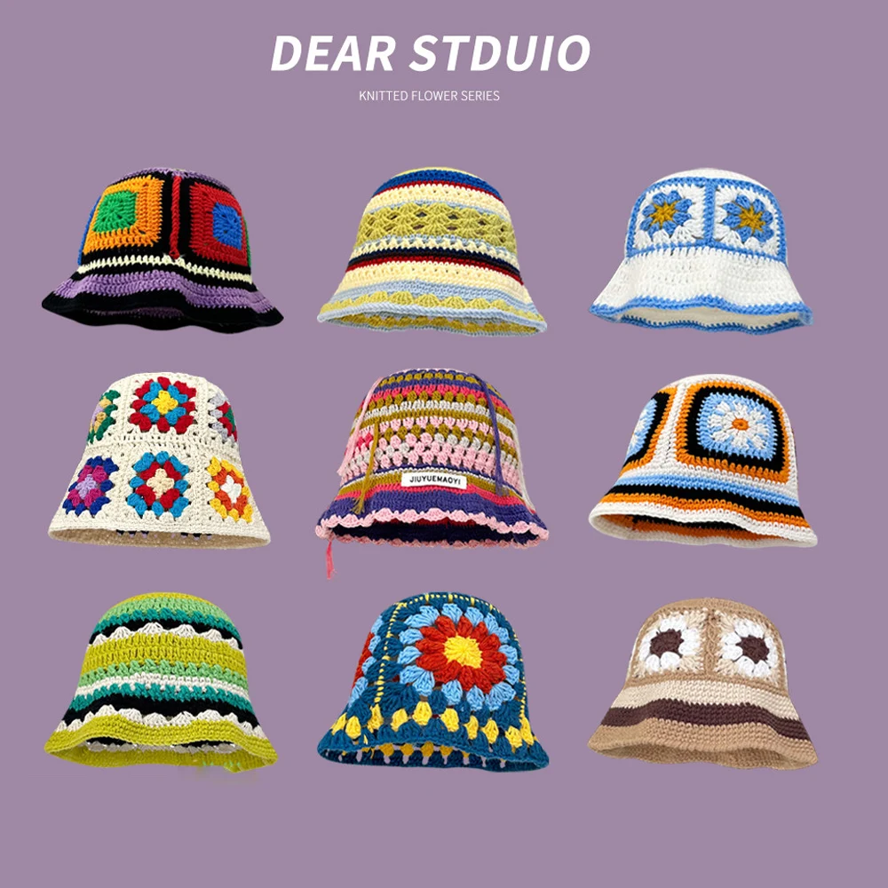 Japanese Hollow Flower Crochet Bucket Hat Bikini Knit Fisherman Hat for Women Autumn Winter Sweet Wool Beanies