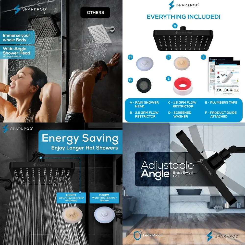 

Luxury High-Pressure Rain Shower Head - Quick Install, Easy Clean, 8 Black Matte Square