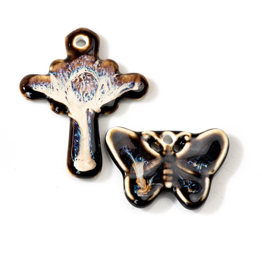 2 Piece Vintage Color Scheme Abstract Cross Butterfly Necklace Pendant Ceramic Accessory  Crafts  Charms Z676