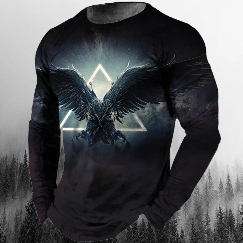 Vintage  Long Sleeve T-shirt For Men Animal Print Male Tops 3D Eagle Graphic Streetwear Oversized Tee Shirt Men Clothing