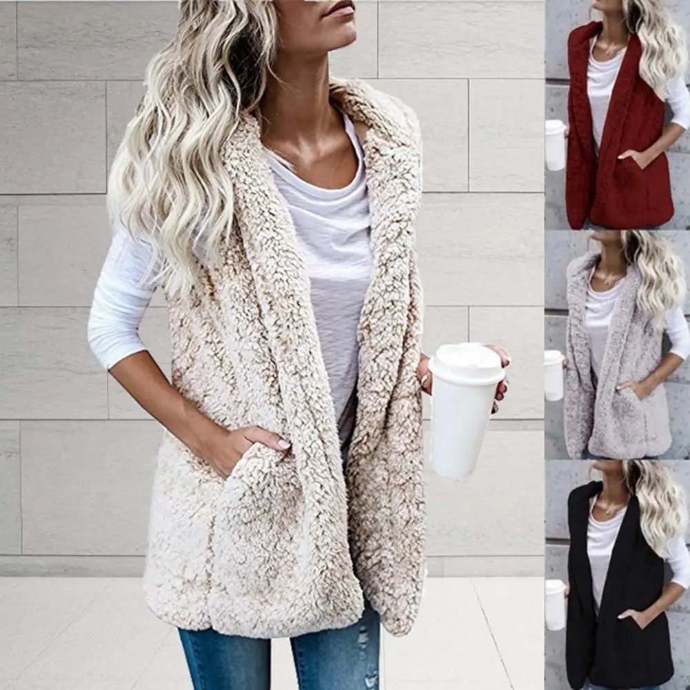 

Women Plush Vest Coat Solid Color Pockets Autumn Winter Warm Double-sided Fluffy Cardigan Vest Hoodie Jacket Waistcoat Outwear