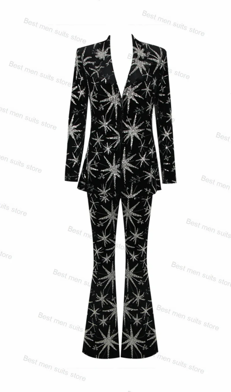 Shiny Sequins Black Women Suit Pants Set 2 Piece Blazer+Trousers Formal Office Lady Jacket Luxury Guest Wedding Prom Coat