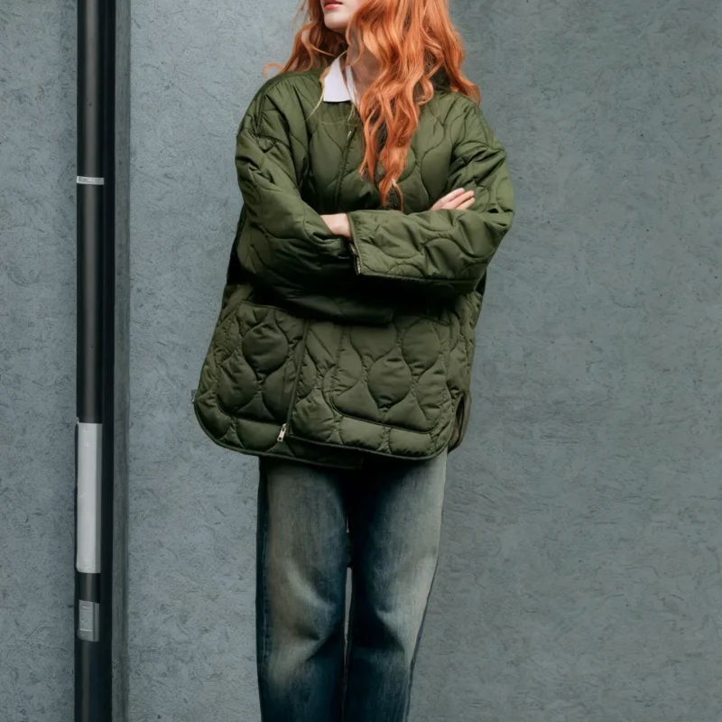 V-neck rhombus loose cotton jacket women\'s new winter hot style mid-length cotton jacket quilted warm jacket