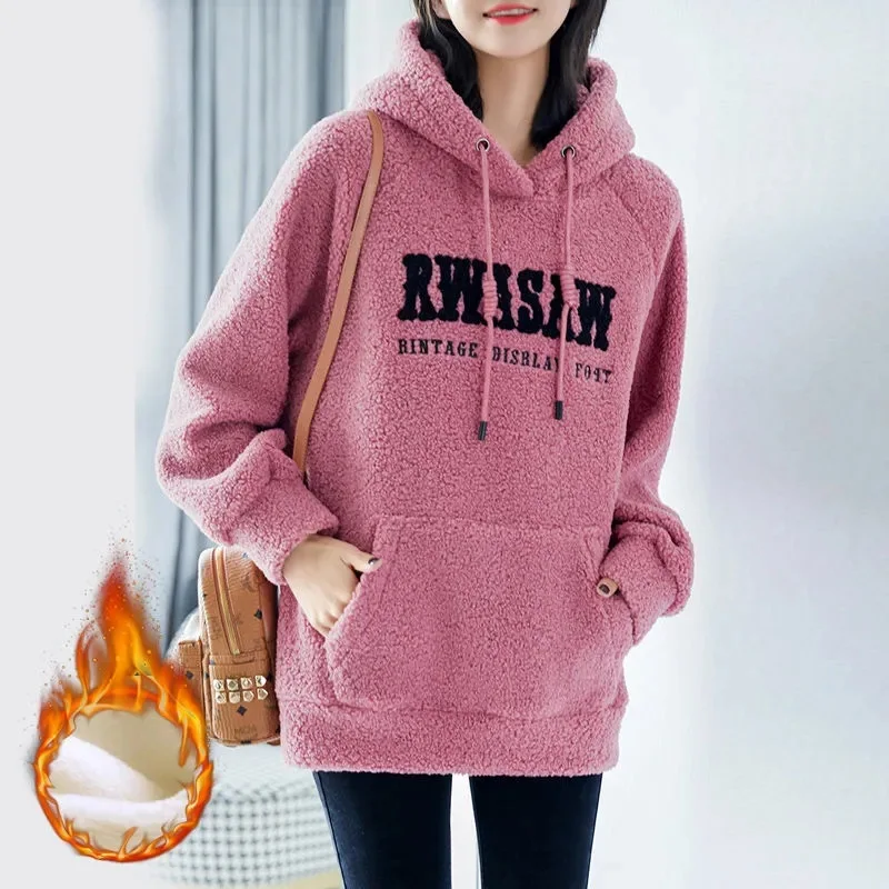 2023 frühling Herbst Hoodies Frauen Fleece Verdickte Mit Kapuze Kleidung Neue Mode Lose Große Größe Stickerei Brief Warme Hoodies