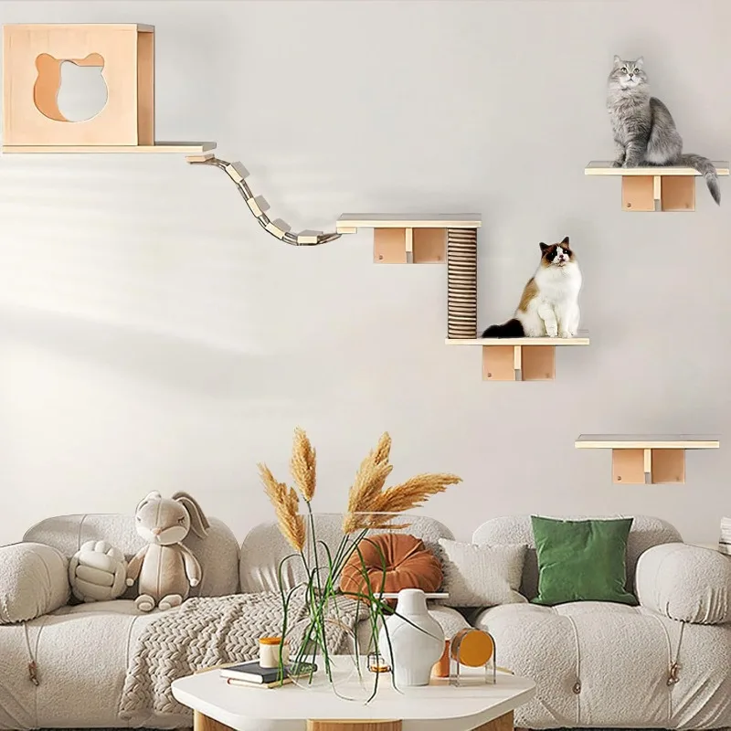 Cat Wall Shelves, Shelves and Perches for Wall, Furniture Set 7 PCS Mounted with 1 Condos House, 4 Sisal Scratching Post, Ladder