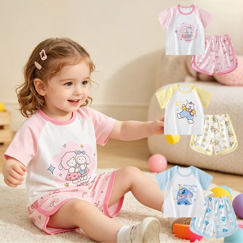 Toddler Baby Girl Pure Cotton Summer Suit Korean Version Cartoon Cute Short-Sleeved Two-Piece Set 0-4 Years Old Children's Cloth