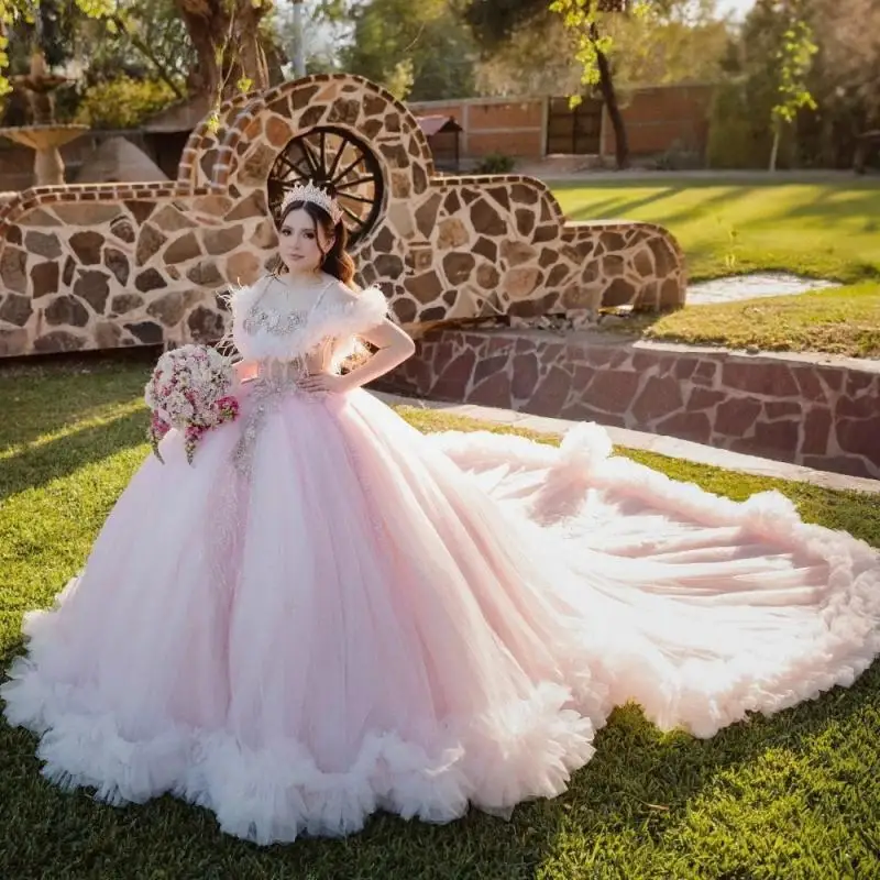 

Customized Mexican Shiny Pink Quinceanera Dress Ball Gown Applique Beads Ruffles Feather Corset 16 Vestido De 15 Anos