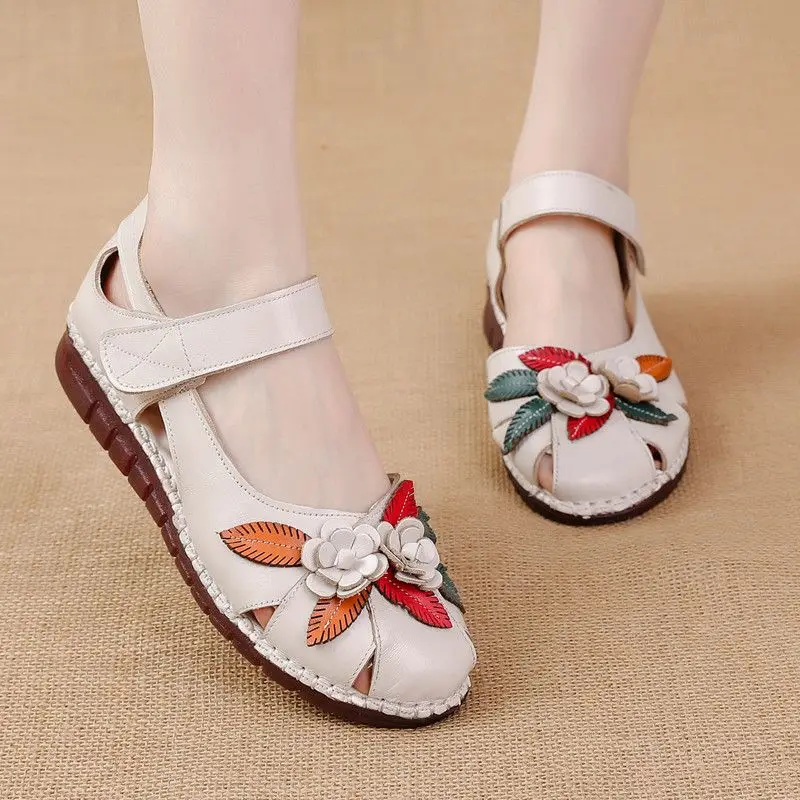 

Summer Genuine Leather Sandals for Women Size 42 Hollow out Retro Flower Roman Style Strappy Flat Shoes Ladies Casual Footwear