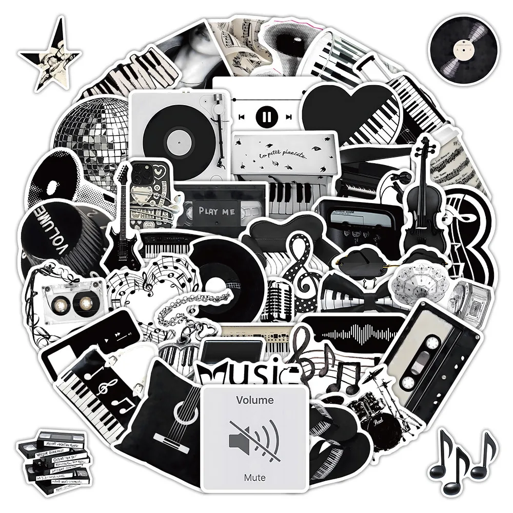 50Pcs Monochrome Music Themed Stickers, Decorative Decals for Scrapbook, Journal & Art Collage DIY Peel Joy Sticker Store