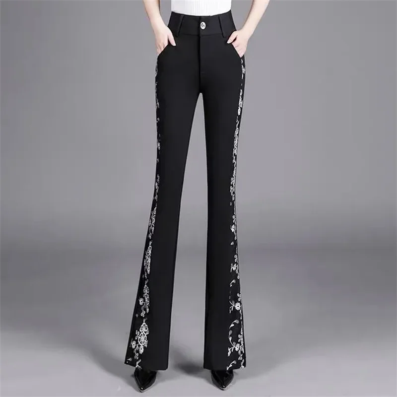 

Новые черные расклешенные брюки для женщин, весенние брюки 2025 года, тонкие висячие брюки с высокой талией и вышивкой в стиле пэчворк, расклешенные брюки