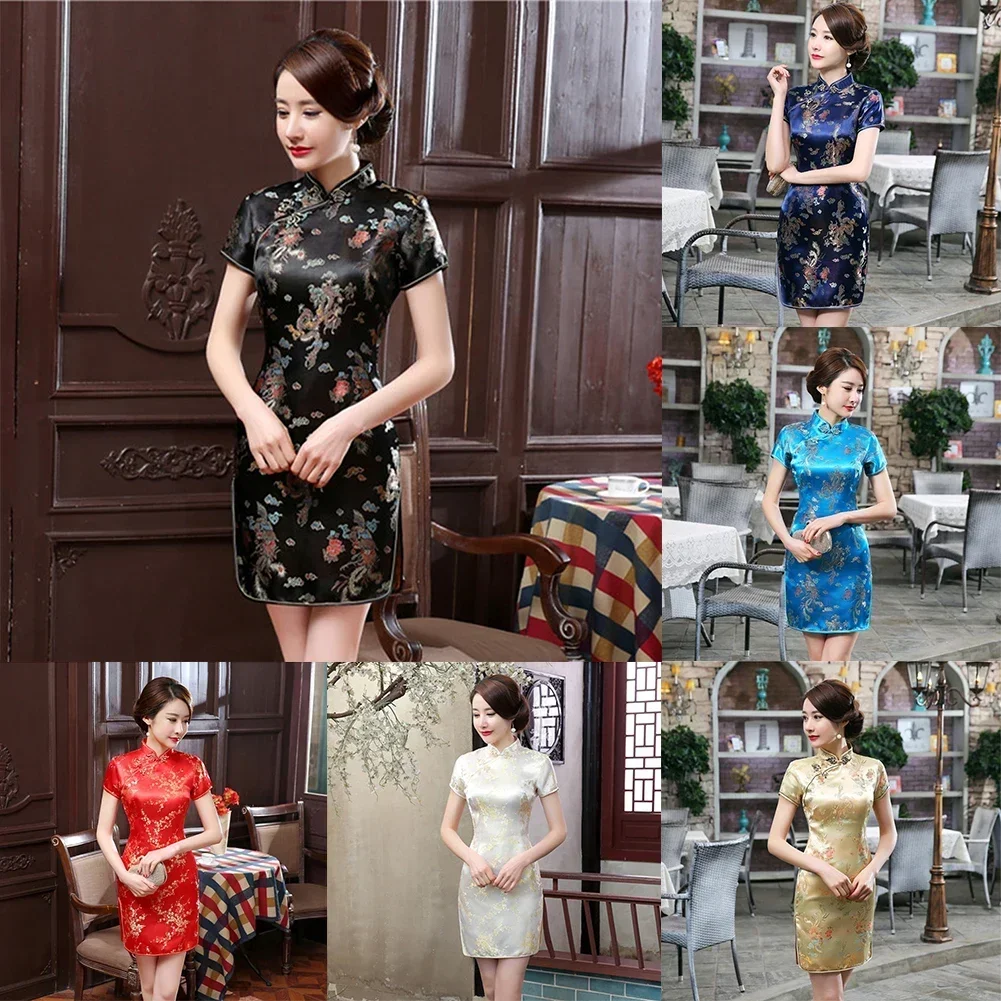 Cheongsam Slim ชุดซาตินสําหรับปาร์ตี้ทุกวัน High Slit เครื่องแต่งกาย Cheongsam Elegant ยืดเล็กน้อย