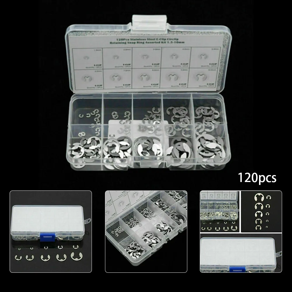 Assorted E Clips C Circlip Kit Stainless Steel W/ Storage Box 120pcs M1.5 - M10 Retaining Washers Lightweight Practical