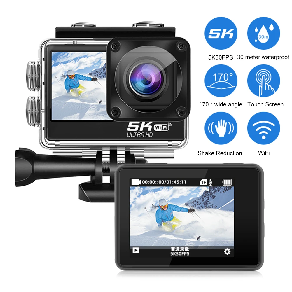 Dual Screen Camera 4K 60FPS Video Recording Camera 170° Wide Angle Underwater Camera 2.0Inch Touch Screen with Remote Control